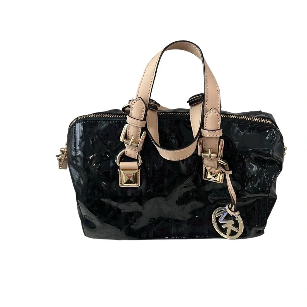Michael Kors Grayson Black Patent Monogram Satchel Bag